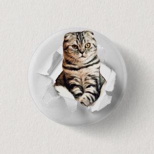 Funny Grey Cat Popping thru Torn Paper Illusion 3 Cm Round Badge