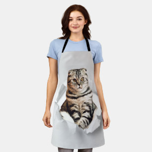 Funny Grey Cat Popping thru Torn Paper Illusion Apron
