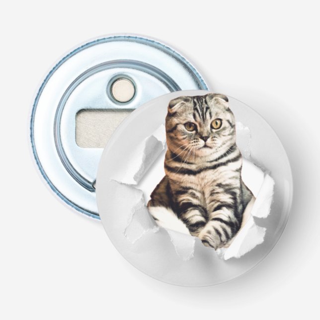 Funny Grey Cat Popping thru Torn Paper Illusion  Bottle Opener (Front)