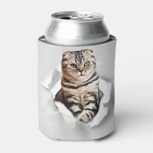 Funny Grey Cat Popping thru Torn Paper Illusion Can Cooler