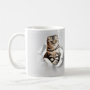 Funny Grey Cat Popping thru Torn Paper Illusion Coffee Mug
