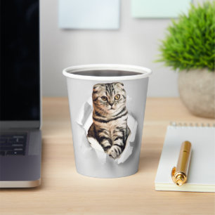 Funny Grey Cat Popping thru Torn Paper Illusion Cups
