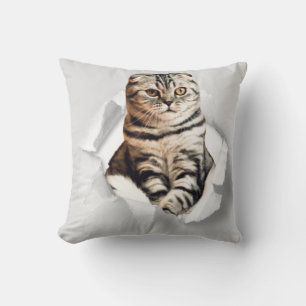 Funny Grey Cat Popping thru Torn Paper Illusion Cushion