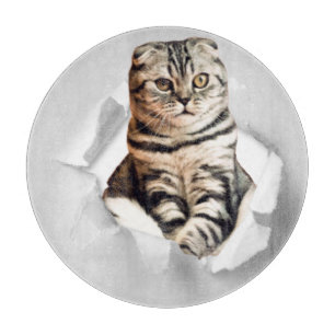 Funny Grey Cat Popping thru Torn Paper Illusion Cutting Board