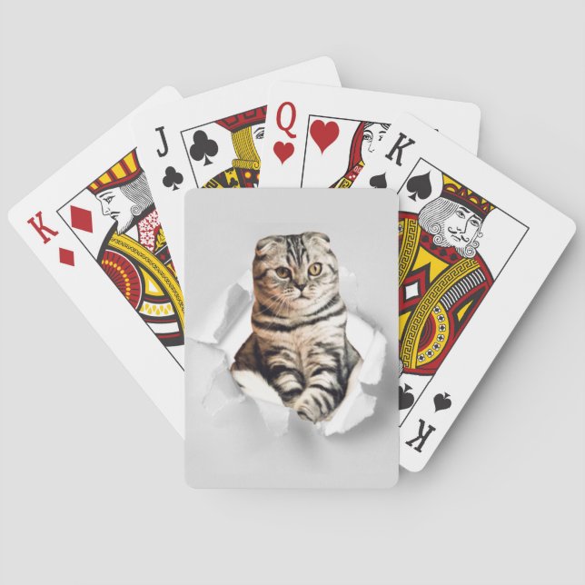 Funny Grey Cat Popping thru Torn Paper Illusion  Playing Cards (Back)
