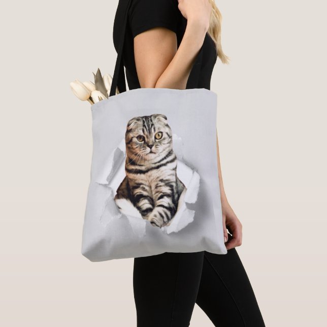 Funny Grey Cat Popping thru Torn Paper Illusion  Tote Bag (Close Up)