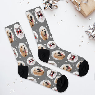 Funny Grey Custom 2 Pet Photo Paw Print Socks
