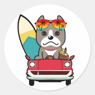 Funny Grey Dog is driving to the beach Classic Round Sticker