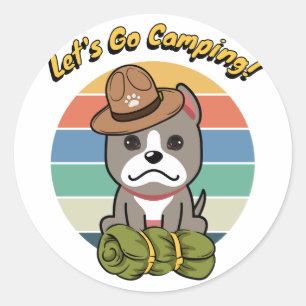 Funny grey dog wants to go camping classic round sticker