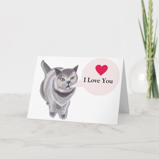 Funny grey fat cat Valentine’s  Card (Front)