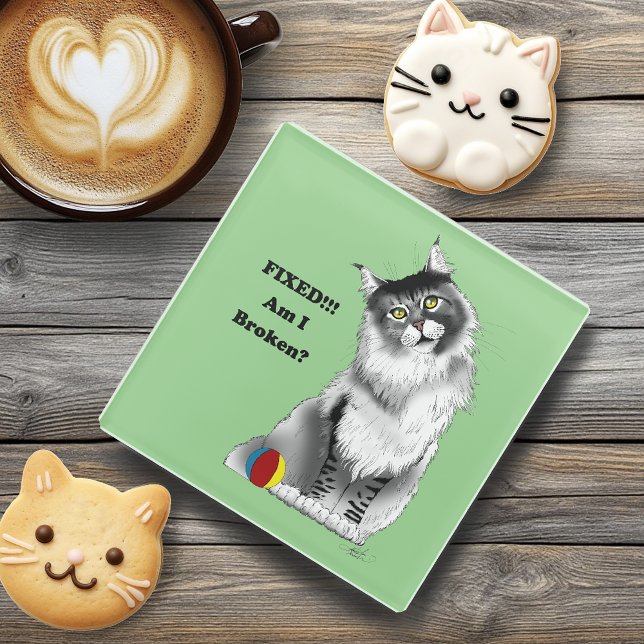 Funny Grey Maine Coon Cat Fixed  Glass Coaster (Creator Uploaded)