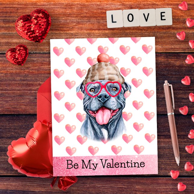 Funny Grey Pitbull Be My Valentine Dog Valentine's Holiday Postcard (Creator Uploaded)