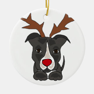 Funny Grey Pitbull Dog as Christmas Reindeer Ceramic Tree Decoration