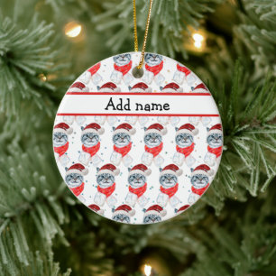Funny Grey Tabby Cat With Santa Hat Christmas Ceramic Tree Decoration