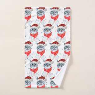 Funny Grey Tabby Cat With Santa Hat Christmas Hand Towel