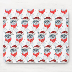 Funny Grey Tabby Cat With Santa Hat Christmas Mouse Pad