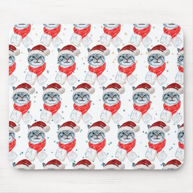 Funny Grey Tabby Cat With Santa Hat Christmas Mouse Pad (Front)