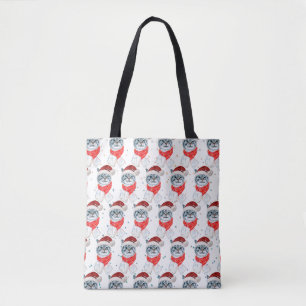 Funny Grey Tabby Cat With Santa Hat Christmas Tote Bag