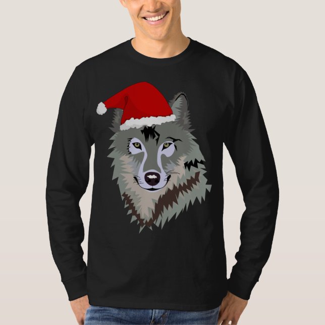 Funny Grey Wolf Christmas Santa Hat Wolves Outfit  T-Shirt (Front)