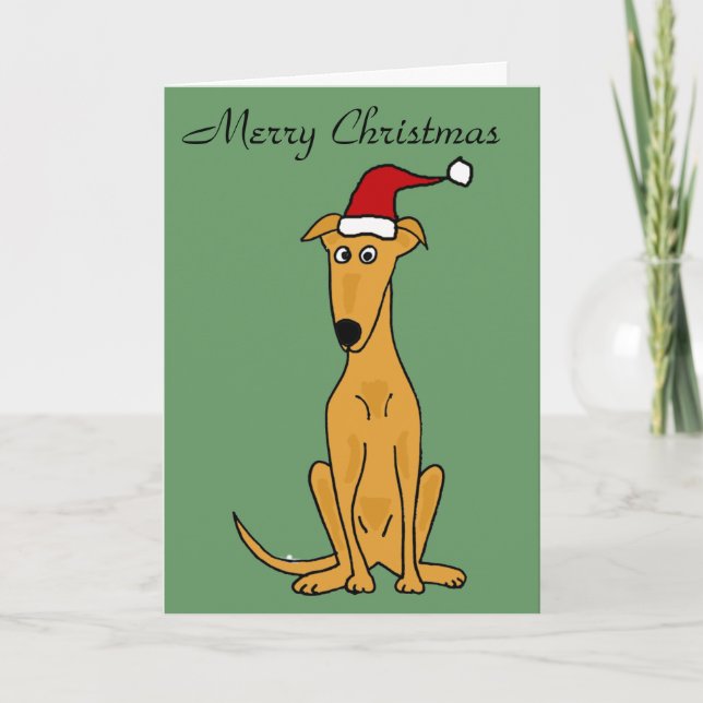 Funny Greyhound Dog in Santa Hat Christmas Art Holiday Card (Front)