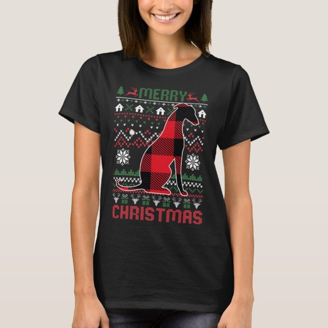 Funny Greyhound Ugly Christmas Red Plad Lights Swe T-Shirt (Front)