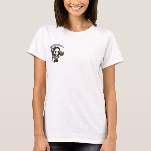 Funny Grim Reaper on Summer Vacation with Scythe T-Shirt (Front)