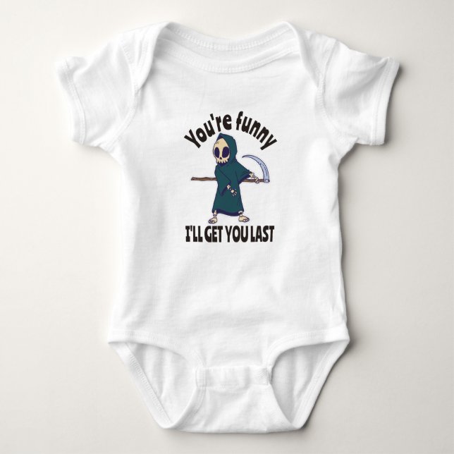 Funny Grim Reaper Skeleton Halloween Costume Baby Bodysuit (Front)