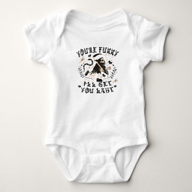 Funny Grim Reaper Skeleton Halloween Costume Baby Bodysuit (Front)