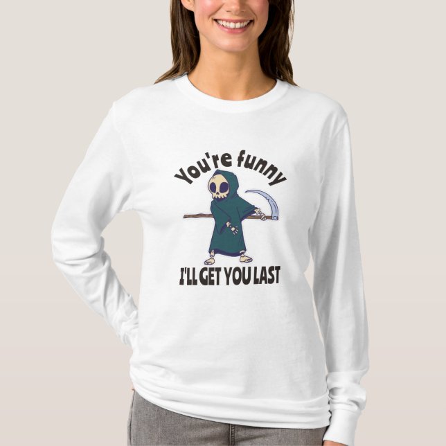 Funny Grim Reaper Skeleton Halloween Costume T-Shirt (Front)