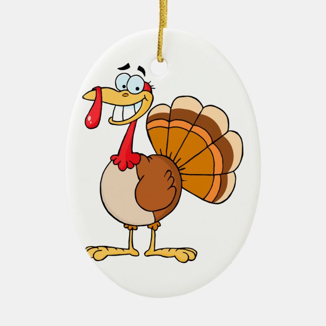 funny grinning happy turkey cartoon ceramic tree decoration (Front)