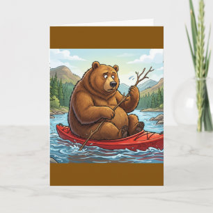 Funny Grizzly Bear in Kayak Cartoon Card