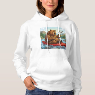 Funny Grizzly Bear in Kayak Cartoon Hoodie