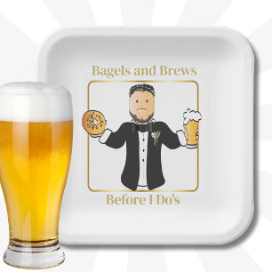 Funny Groom Cartoon Beer Bagel Wedding Brunch  Paper Plate