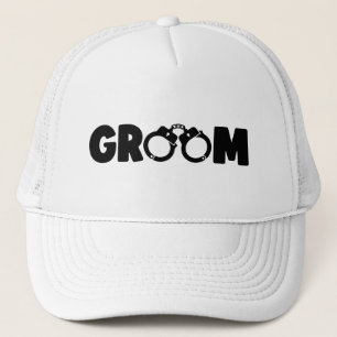 Funny Groom handcuff word art Wedding party  Trucker Hat