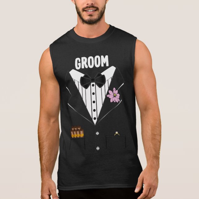 Funny Groom Tuxedo With Cigars and Ring For Bride Sleeveless Shirt (Front)