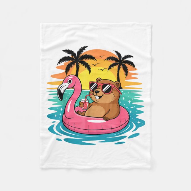 Funny Groundhog Hawaiian Flamingo Float Beach Summ Fleece Blanket (Front)