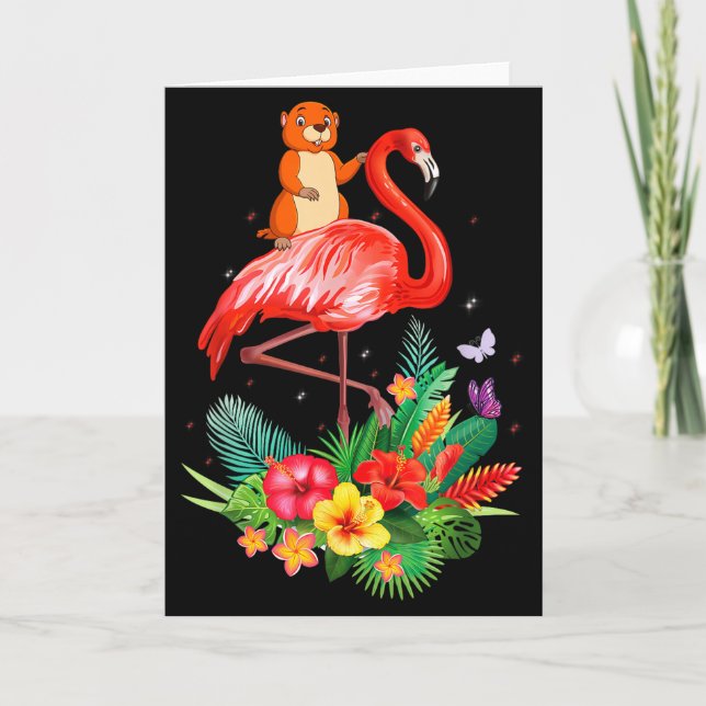 Funny Groundhog Riding Flamingo Flowers Wild Anima Card (Front)