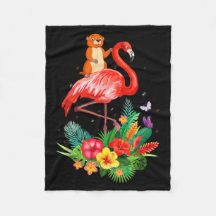 Funny Groundhog Riding Flamingo Flowers Wild Anima Fleece Blanket