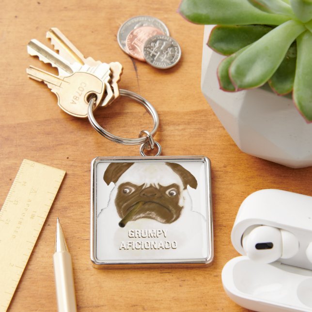 Funny Grumpy AFICIONADO Puggy Cigar Key Ring (Desk)