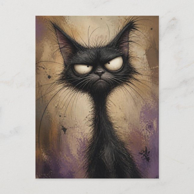 Funny Grumpy Black Cat Moody Art Postcard (Front)