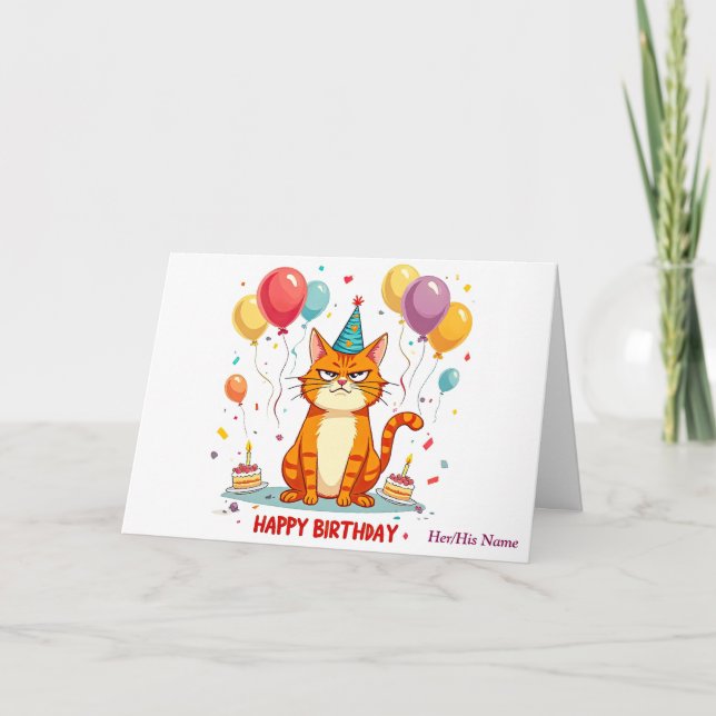 Funny Grumpy Cat Birthday Card – Balloon Overload (Front)