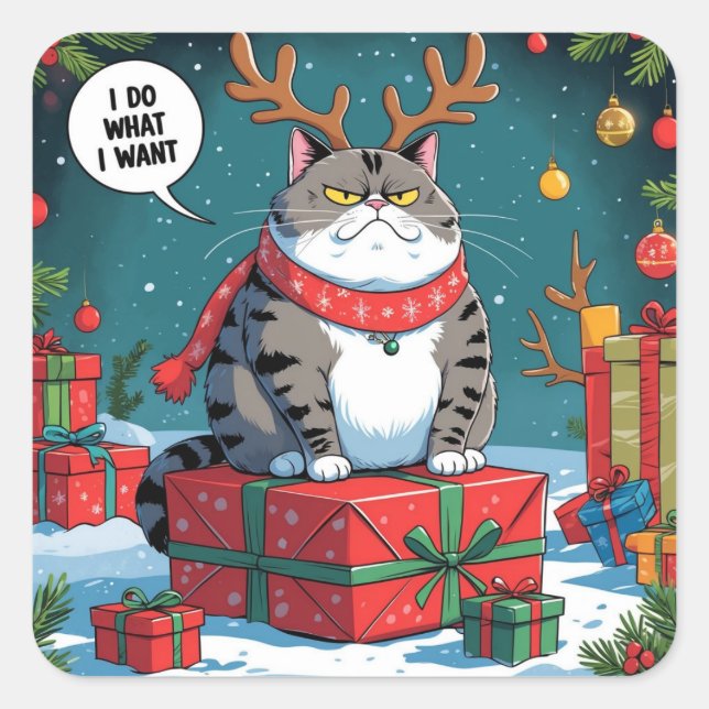 Funny Grumpy Cat Christmas Design – Fat Cat Square Sticker (Front)