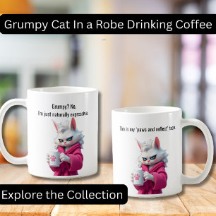 Funny Grumpy cat in a Robe and Coffee White Cat Mug