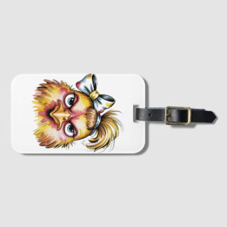 Funny Grumpy Chicken Blue Bow Luggage Tag