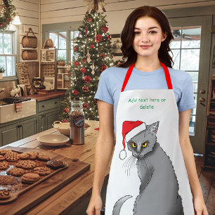 Funny Grumpy Christmas Grey Cat Holiday Humour Apron