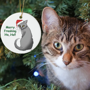 Funny Grumpy Christmas Grey Cat Holiday Humour Ceramic Tree Decoration