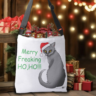 Funny Grumpy Christmas Grey Cat Holiday Humour Crossbody Bag