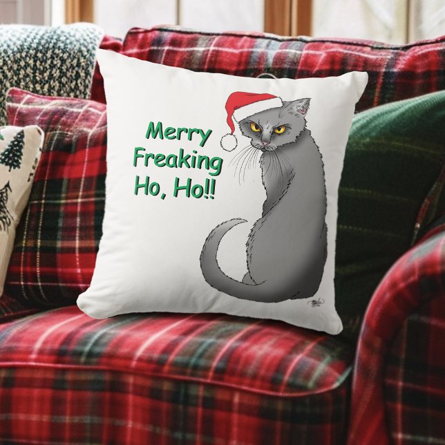 Funny Grumpy Christmas Grey Cat Holiday Humour Cushion (Creator Uploaded)