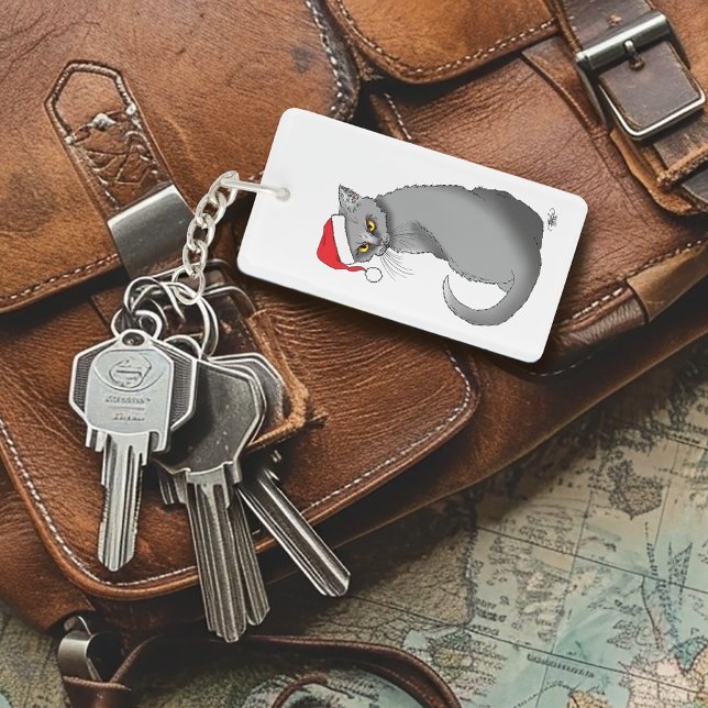 Funny Grumpy Christmas Grey Cat Holiday Humour Key Ring (Creator Uploaded)