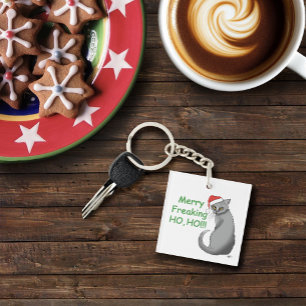 Funny Grumpy Christmas Grey Cat Holiday Humour Key Ring